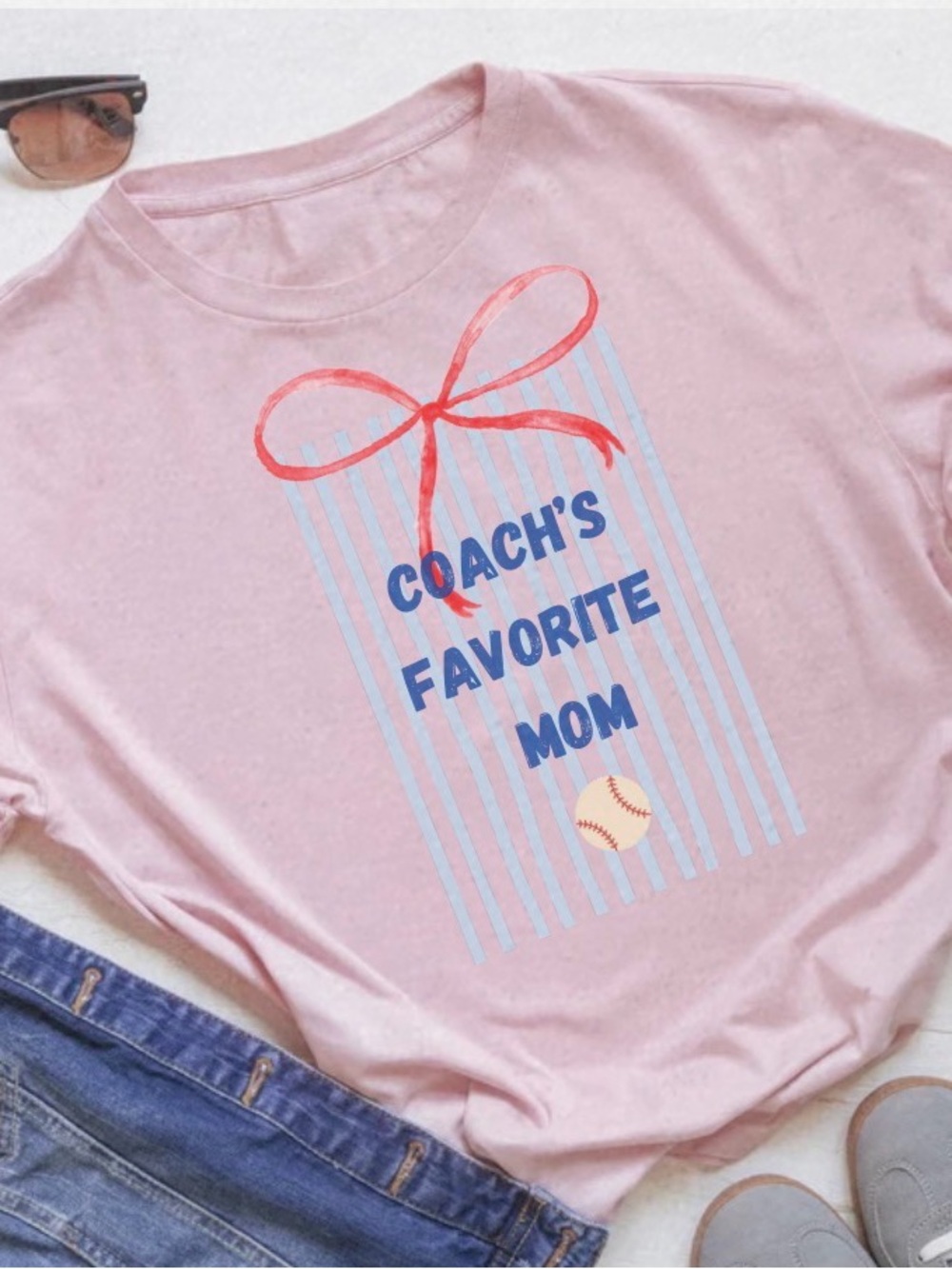 Gildan Pink "Coach's Favorite Mom" Graphic Tee with Red Bow